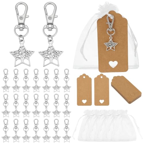 PH PandaHall Set di 24 bomboniere a forma di albero della vita, stella con albero e sacchetti regalo in organza, in argento, con etichette vuote, per Natale, commemorazione, souvenir