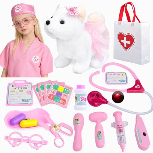 Fegalop Perro Juego de Doctor para Niñas y Niños,21 Piezas Veterinario Kit de Manualidades con Cachorro de Juguete，Herramientas para Médico con Estetoscopio y Traje de Doctor para Niños