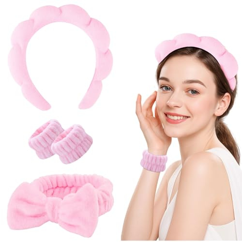 Lot de 4 bandeaux de spa en tissu éponge doux avec bracelets pour femmes et filles, pour soins de la peau, pour douche, yoga, bain (rose)