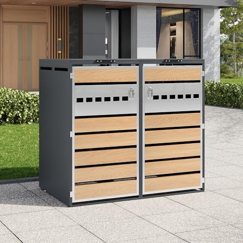 Merax Cache-poubelles à 2 portes, avec couvercle à charnière hydraulique en deux parties et double ouverture avant, cache-poubelle verrouillable pour 2 poubelles, en acier galvanisé, inoxydable et