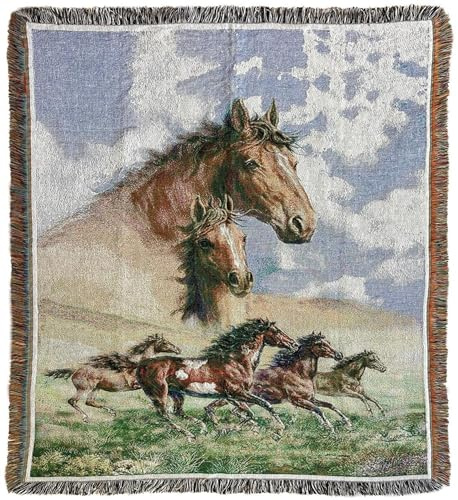 EZ.enjoy Western Galloping Horse Woven Tapestry Throw Blanket Wall Hanging Art Handicrafts Jacquard Multipurpose Soft Travel Mat Outdoor with Fringe Tassels 50 X 60 Inches