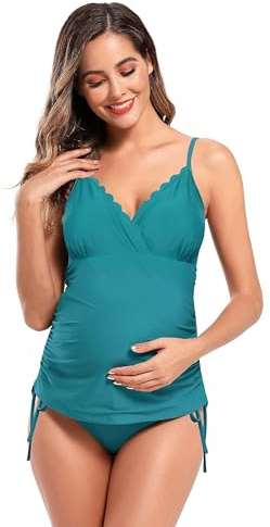 SHEKINI Premaman Costume da Bagno Donna Due Pezzi maternità Elegante Bordo Smerlato Design Controllo Addominale Regolabile Bikini Incinta Tankini Due Pezzi Triangolo Bikini Fondo (M, Verde Scuro)