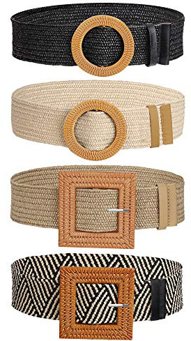 MaoXinTek Cinturón de Vestir Tejido, Cinturón Vintage Flaco Bohemio con Hebilla de Madera, Decorativo Casual Amplio Cinturilla Trenzada de Paja para Dama Niña (4 Piezas)