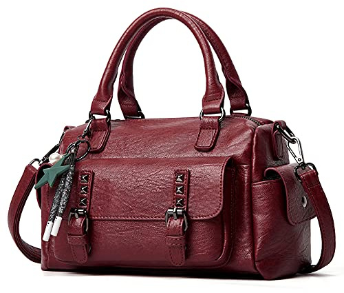 PORRASSO Retro Handtasche Damen Umhängetaschen Frauen Schultertaschen mit Anhänger Wasserdicht PU-Leder Henkeltasche Arbeit Reise Verabredung Boston Tasche