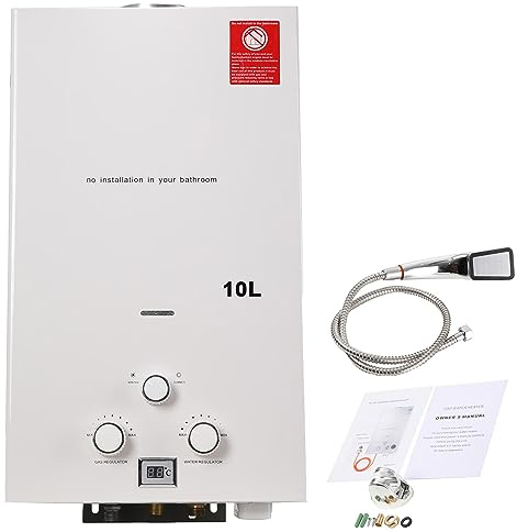 ECUTEE 10L 20KW Scaldabagno a gas di petrolio liquefatto Scaldabagno a gas propano/GPL, Scaldabagno istantaneo a gas Senza Serbatoio con kit Doccia, Per Campeggio e Cabina, bianco