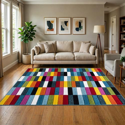renoazul® Multi Colour Carpet Runner Rug for Living Room, Hallway, Bedroom and Office, 160 x 230 cm, Cube, Soft Thick Pile Fluffy Thick Plush Geometric Runner Rug