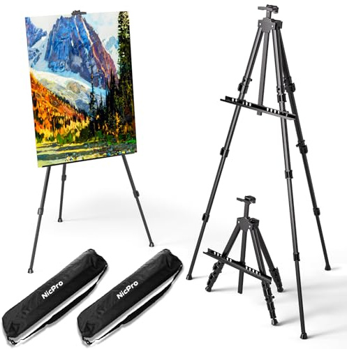 Nicpro Kunst-Staffelei für Schilder, 2 Stück, schwarz, Aluminium-Staffelei, verstellbare Höhe 43,2 bis 167,6 cm, für Tisch-/Bodenmalerei, Display, Poster, Leinwand, mit Aufbewahrungstasche