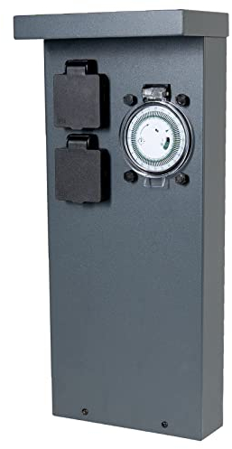 Grafner Edelstahl Design Gartensteckdose mit Zeitschaltuhr 2 Steckdosen, anthrazit, ON/Auto, 3600 Watt, Pulverbeschichtung, Energiesäule Timer Mehrfach Metall Außen Steckdose 2-Fach schwarz lackiert