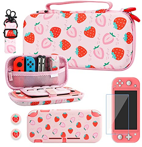 RHOTALL Étui de transport pour Nintendo Switch Lite avec coque de protection en TPU, bandoulière réglable, protecteur d'écran et 2 capuchons de pouce – Fraise