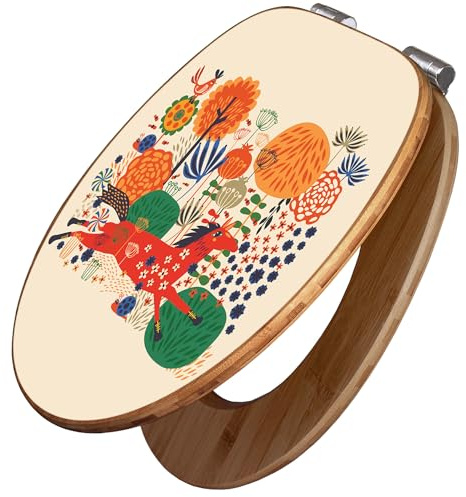 banjado Design WC Sitz Bambus Absenkautomatik 45,8x37,5cm - Toilettendeckel mit Absenkautomatik Holz - hochwertiger Bambus Klodeckel - WC-Sitz für gängigen Toiletten - Motiv Rotes Pferd