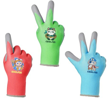 COOLJOB Kinderhandschuhe, 3 Paar Gartenhandschuhe für Kinder, rutschfeste Latexbeschichtung, Kinder-Arbeitshandschuhe 6-8 jahre (Jungen Größe M)