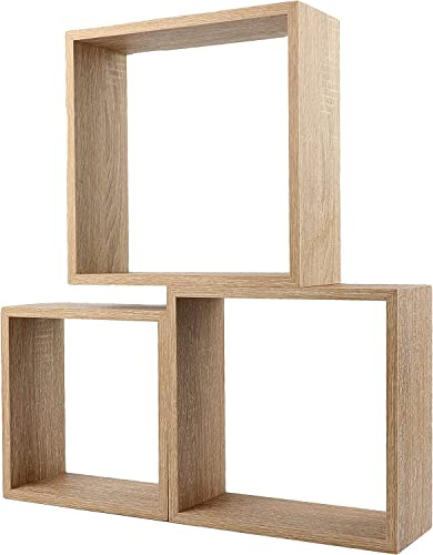 H HANSEL HOME 3 Wandregal Würfelregal Hängeregal 30/27/24cm, Wandboard Eichenfarbe, Schwebend Hängeregal Bücherregal Regale Dekorativ