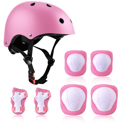 NICEWAT Set di Protezione per Pattinaggio a Rotelle, Ginocchiera per Bambini 7 in 1 Set, Casco per Bambini 3-7 Anni, Casco da Skateboard per Bambini per Skateboard, Ciclismo (Rosa)