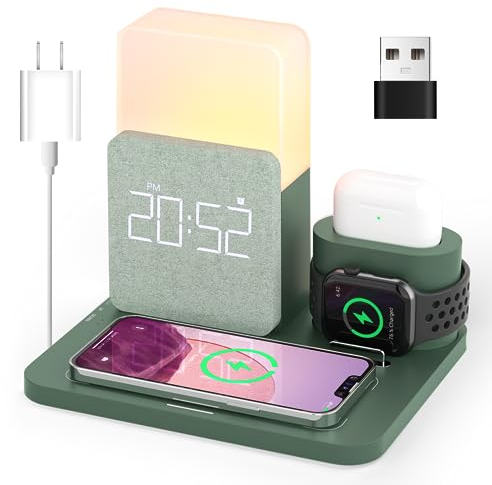 Wireless Charger, COLSUR 3 in 1 Induktive Ladestation 15W Kabelloses Ladegerät und Nachtlicht, Wecker mit Ladestation, induktionsladegerät für iPhone 16/15/14/13/12/11/X/8 Pro Max/Mini/Plus