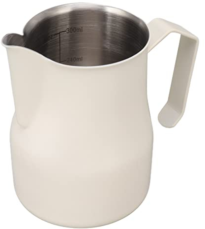 Qcwwy Jarra de Leche, Jarra de Espumador de Leche de Acero Inoxidable 304, Jarra de café, Jarra de Capuchino, Taza de Espumador de Leche con Escala, Herramienta de Barista para el (Blanco Mate 350ml)