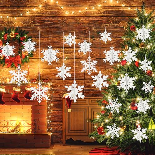 18 stycken jul 3D snöflingor dekoration, vit snöflinga julgransprydnad, julgransprydnad papper snöflingor att hänga upp juldekorationer för julfest, gör-det-själv-dekoration