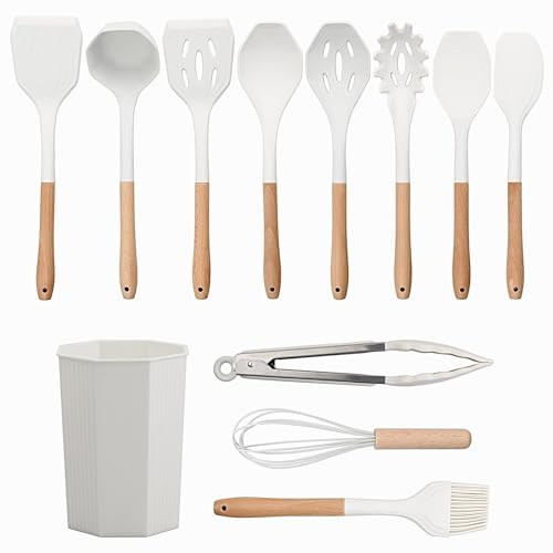 Volumoon Set di 12 Set di Utensili da Cucina in Silicone, Resistente al Calore Antiaderenti, Utensili Cucina Silicone con Manico in Legno, Set di Spatole, Antiaderente Strumento di Cottura (Bianco)
