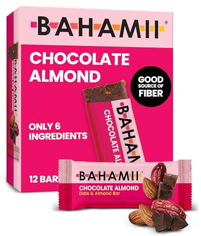 Bahamii Snack Bars, Made with Dates & Nuts, Healthy Snacks, Gluten Free, Good Source of Fiber, Only 6 Ingredients, For Kids & Adults, No Added Sugar, Vegan, 12 Pack, Chocolate Almond
