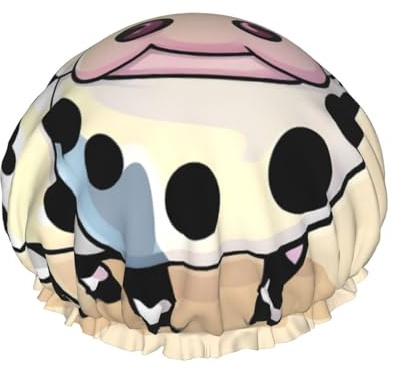 Gorro de ducha con estampado de vaca de leche de dibujos animados, gorro de ducha para mujer, reutilizable, impermeable, gorro de baño de secado rápido