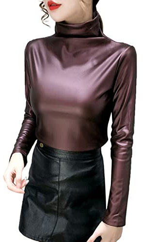 T-shirt à col roulé pour femmes solide manches sac à dos chemisier en cuir chemises décontractées Towns long et fin chemisier femme chemise noire, Z1229a-rouge, M