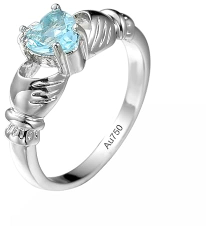 AMDXD Weißgold 18 Karat Verlobungsring, Hell Blau Topas Claddagh-Hand Freundschaftsringe, Trauringe Au750 Gold Echt Goldschmuck, Gr.67 (21.3)