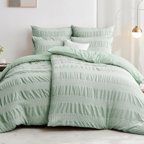 Qucover Seersucker Bed Linen 155 x 220 cm Green 4-Piece White Striped Microfibre Bed Linen Sets, 2 Duvet Covers 135 x 200 cm + 2 Pillowcases 80 x 80 cm, Non-Iron Bed Linen with Zip