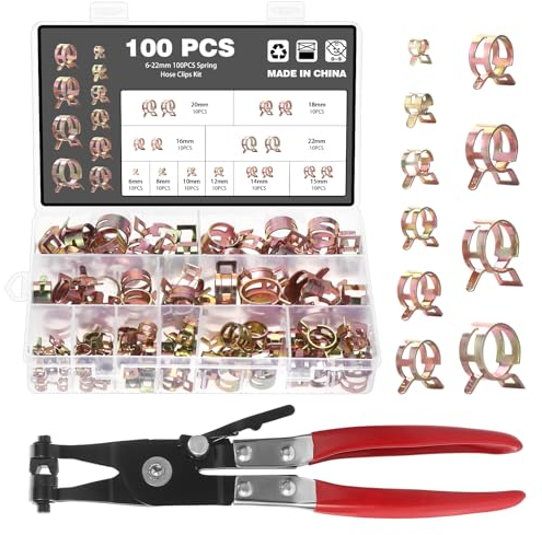 WiMas 100PCS 10 Sizes Fuel Line Spring Hose Clamps Water Pipe Air Tube Silicone Vacuum Hose Clips Fastener 6-22mm Low Pressure Air Clamp with Hose Clamp Plier Assortment Kit