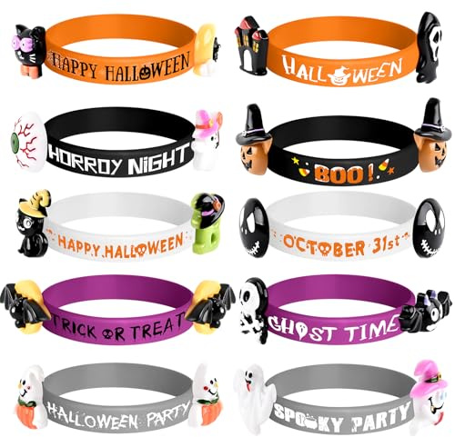 Morcheiong 10/20 Stück Halloween Gummi Armbänder, Silikon Armbänder für Halloween Süßes oder Saures Partys, Leckerli Tüten, Füller, Geschenke, Klassenzimmerpreise, Schulklassen-Austauschgeschenke (10)