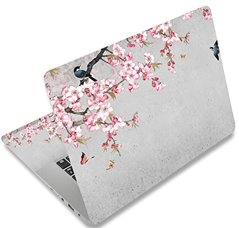 Mibbxea 15.4-15.6 Inch Laptop Skin Sticker, Customisable, Universal for 12.1 13 13.3 14 Inch Computers and Netbooks, Reusable Notebook Art Protector (019 Birds and Pink Flowers)