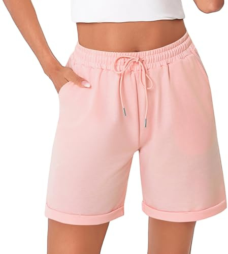 Litherday Shorts Damen Kurze Hose Damen Sporthose Kurz Baumwolle Sport Shorts Sommer Jogginghose Traininghose mit Taschen für Fitness, Running, Gym Rosa L