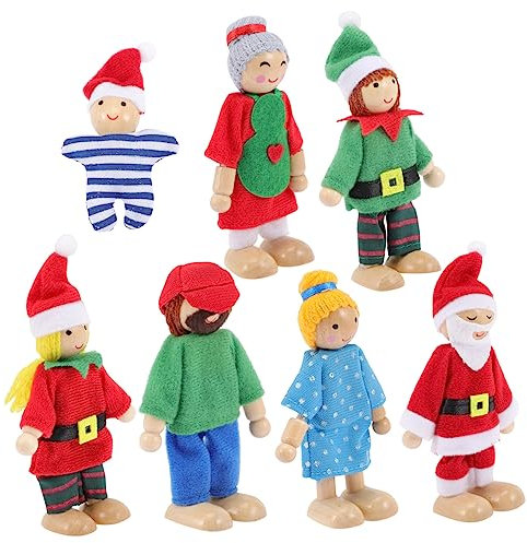 JOINPAYA 7stücke Holz Puppenfamilie mit Gelenken für Puppenhaus-spielset und Rollenspielzeug für Junge Mädchen