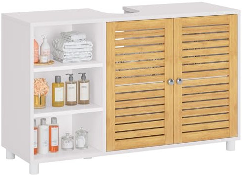 FORABAMB Waschbeckenunterschrank,Badschrank Unterschrank, Badezimmerschrank mit 2 Bambustüren, 3 offene Fächer, höhenverstellbare Ablagen, Waschtischunterschrank, extra lang 30 x 90 x 60 cm