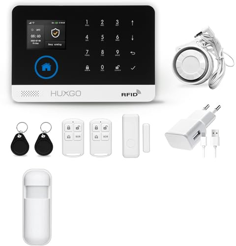 HUXGO HXA003 Funk Alarmanlage mit 1x Bewegungssensor WiFi + GSM Modul - Bewegungsmelder mit Alarm - Alarmanlage Haus Wohnung Garage - Funk Bewegungsmelder mit Empfänger