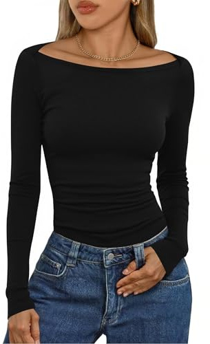 Aottori Magliatta Donna Maniche Lunghe Maglia Elegante Scollo a Barca Coste T-Shirt Slim Fit Tinta Unita Sottogiacca Basic Sexy Top Traspirante Casual Nero M
