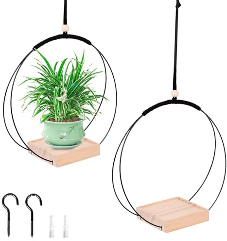 Dulynva Blumenampel Hängend Innen, 2 Stück Hängeampel Mit Holzsockel , Moderne Boho Hängetopf für Pflanzen , Hängepflanzen Topf Schwarz, für Wände Decken Garten Balkon