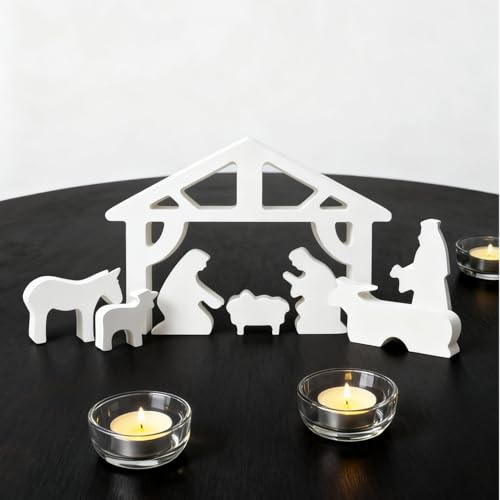 Oizemori Krippenfiguren Holzfiguren Set Ostern Deko mit Haus Familie Tieren | 8-teiliges Holzfiguren Set mit Haus, Familie & Tieren für Osterdeko Innen- und Außenbereich
