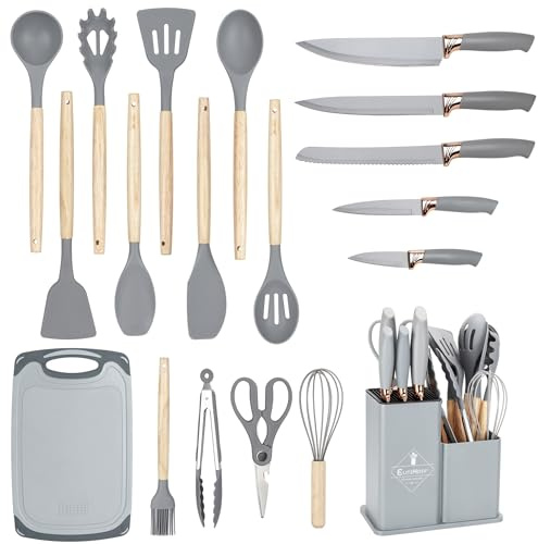EliteHoff Juego de cuchillos de cocina de 19 piezas - Utensilios de silicona con mangos de madera, 5 cuchillos, 12 accesorios de cocina, tabla de cortar y soporte, sin PFOA, apto para lavavajillas (E