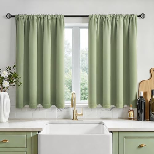 MRTREES Scheibengardinen Blickdicht Grün für Küche Kleine Kurz Fenster Wohnwagen 2er H 60 x B 90 cm Bistrogardine mit Stangendurchzug Modern Kurze Vorhang Küchenfenster Wasserabweisend