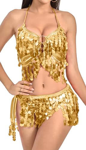 SEAUR Dam paljett frans kjol topp set glittrande 2 delar magdans outfit justerbar rygg snörning höft halsduk karneval festival fest scenframträdande