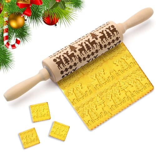 Weihnachten Geprägt Teigroller, Teigroller Nudelholz mit Muster, Nudelholz Mit Muster, 3D Holz Teigrollers, Präge Nudelholzs Backzubehör für Backen Von Gebäck, Kuchen, Keksen, Fondant