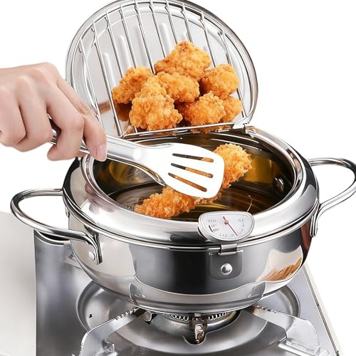 Behogan Olla para freír en estilo japonés, 2,2 l, 20 cm, freidora tempura japonesa, con termómetro, olla de acero inoxidable, olla de acero inoxidable 304, olla para freír para cocinar patatas fritas