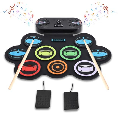 Yapasopu Kinder Schlagzeug Elektronisch mit 9 Pads,2 Stereolautsprecher,E-drum Set pocket drum，Elektronisches Schlagzeug E Drums mit 2 Fußpedalen & USB Wiederaufladbar für Kinder und Anfänger