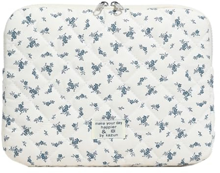 Floral Quilted Puffy Laptop Sleeve 11/13/15 Cute Aesthetic Notebook Cover, Shockproof Soft Case with Elastic Strap - Laptop Bag Storage (Blue small 11 inch)