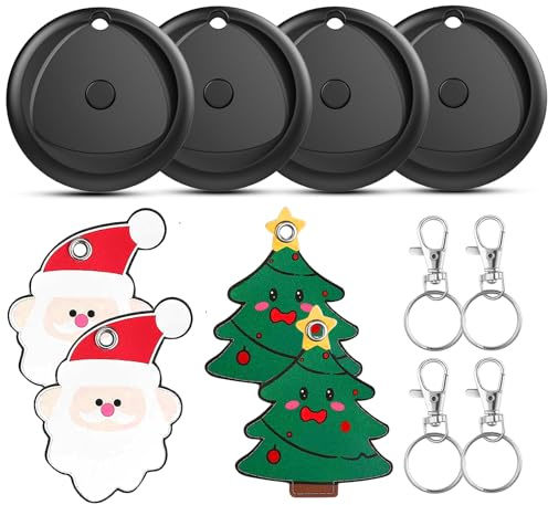 Tracker Tags-4 Pack and 4 Free Leather Keychain Holder (Christmas Series) Work with Apple Find My (iOS Only), Bluetooth Tracker Key Finder, Replaceable Battery Smart Tag for Keys, Wallet, Luggage etc