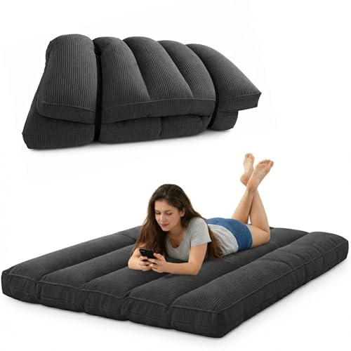 Futon Giapponese 2 Persone Comodo e Spesso, Prodotto in Francia, Sfoderabile, Materassino Pieghevole, Tatami Giapponese Pratico–Letto Singolo, Cinghia di Fissaggio inclusa (140 x 190 cm, Grigio Scuro)