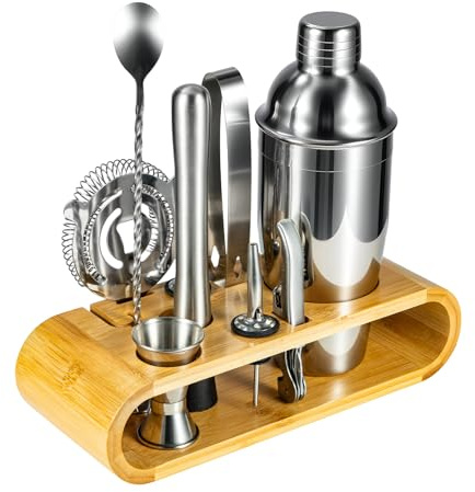Generisch Cocktail Shaker Set – 10-teiliges Edelstahl Barzubehör Set inklusive Holzständer – Professionelles Cocktail Mix Set für Zuhause Bartender und Cocktail Liebhaber