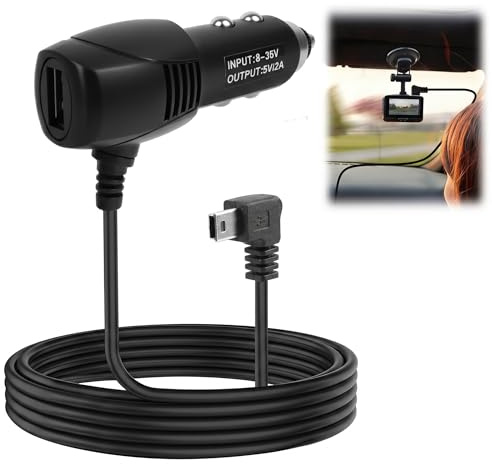 Fofuo Dash Cam Cable 12V to 5V Mini USB Car Charger Cable 3.5M Long | DC 2A Power Supply Adapter with Right Angle Charging Cord USB Port Power Lead for Dash Cameras GPS Navigation Sat Navs DVR