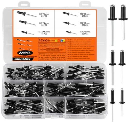 220 Pcs Black Aluminum Large Flange Blind Rivets Assortment Kit | Pop fasteners in 3.2mm, 4mm, 5mm sizes. M3.2/M4/M5 lengths from 8mm to 16mm. For metal, furniture, car and DIY rails.