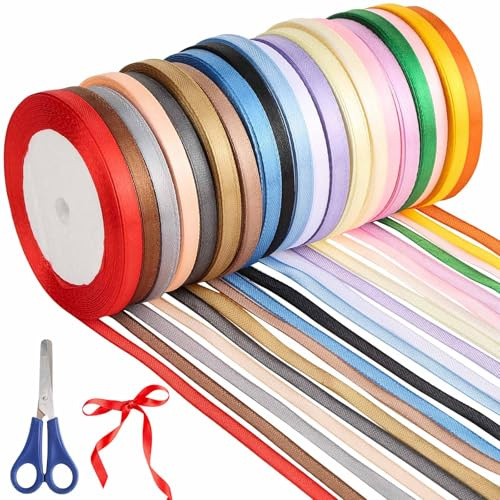 Satinband 20 Farben, 6 mm x 22 m mit Skalier-Schere | Polyester Schleifenband, Geschenkband zum Basteln, für Heimwerkerkunst Handwerk, Geschenk Verpackung, Hochzeitsdekoration