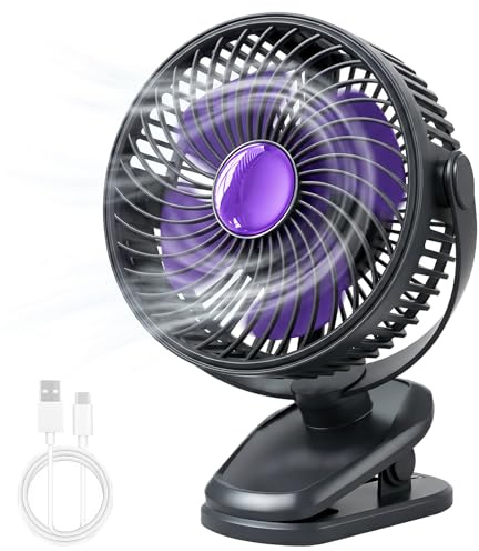 TW1TGOFT Portable Clip on Fan - Small Powerful USB Rechargeable Fan with LED Lights, Quiet Desk Fan with 5 Speeds & 720° Rotation, Mini Table Fan for Office, Home, Camping, Pram Stroller